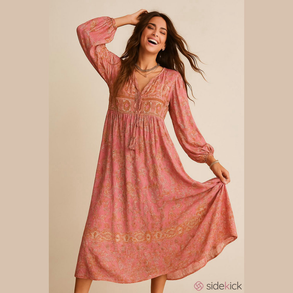Pink Fairycore Peasant Maxi Dress sz M Floral Doapamine lightweight Flowy boho